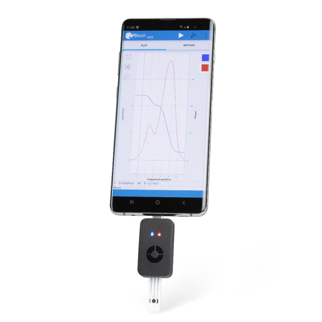 PalmSens's Sensit Smart shown with an electrochemical sensor plugged into an Android tablet and controlled by PalmSens app.